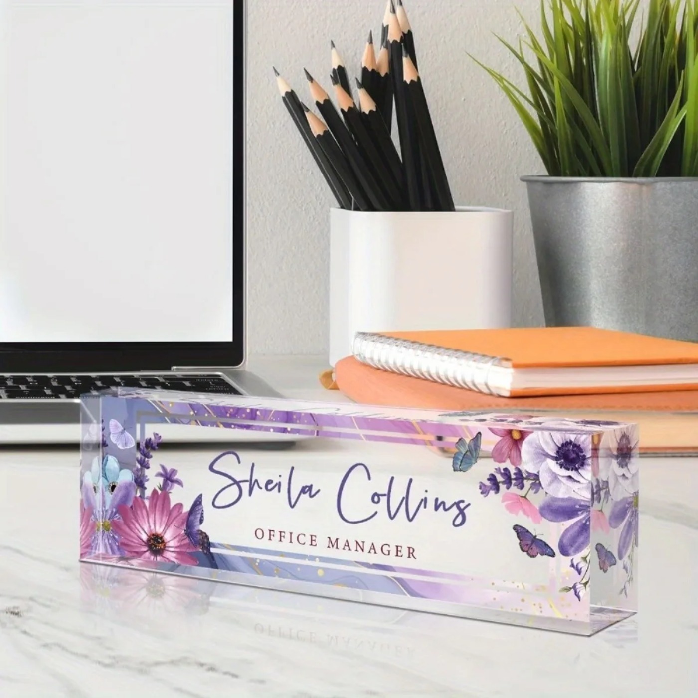 Desk Name Plate - [2D Flat] Purple Flower Custom Acrylic